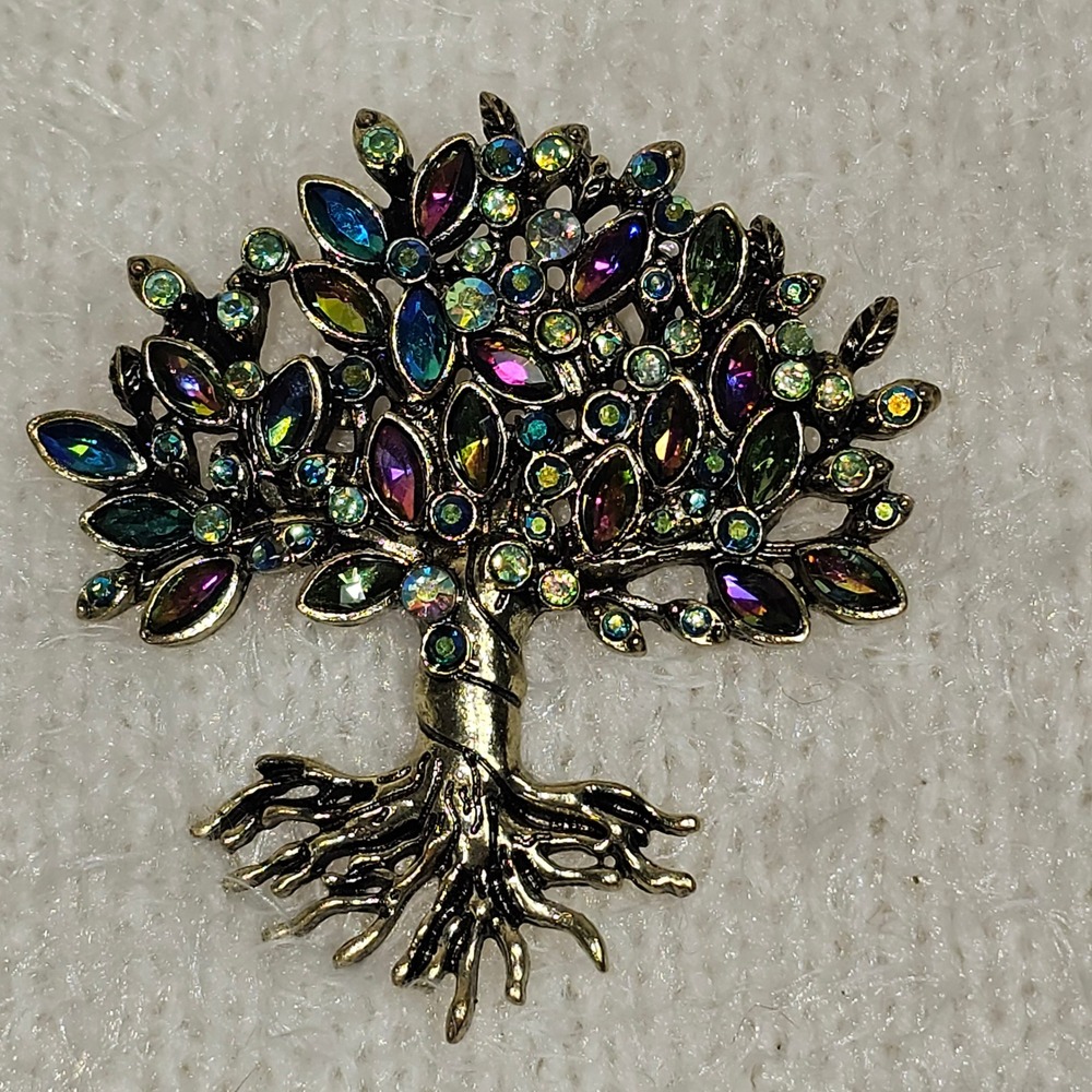 Tree of Life Brooch Multi Color Rhinestone Gold Tone Crystal Pin - Picture 2 of 5